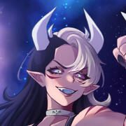 Into the Storm Rhetta is a half human, half dragon being. She is flying through clouds, with lightning flashing behind her. She has white wings and a white tail, as well as half shaved hair that is partially white and partially black.