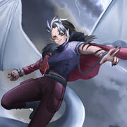 Into the Storm Rhetta is a half human, half dragon being. She is flying through clouds, with lightning flashing behind her. She has white wings and a white tail, as well as half shaved hair that is partially white and partially black.